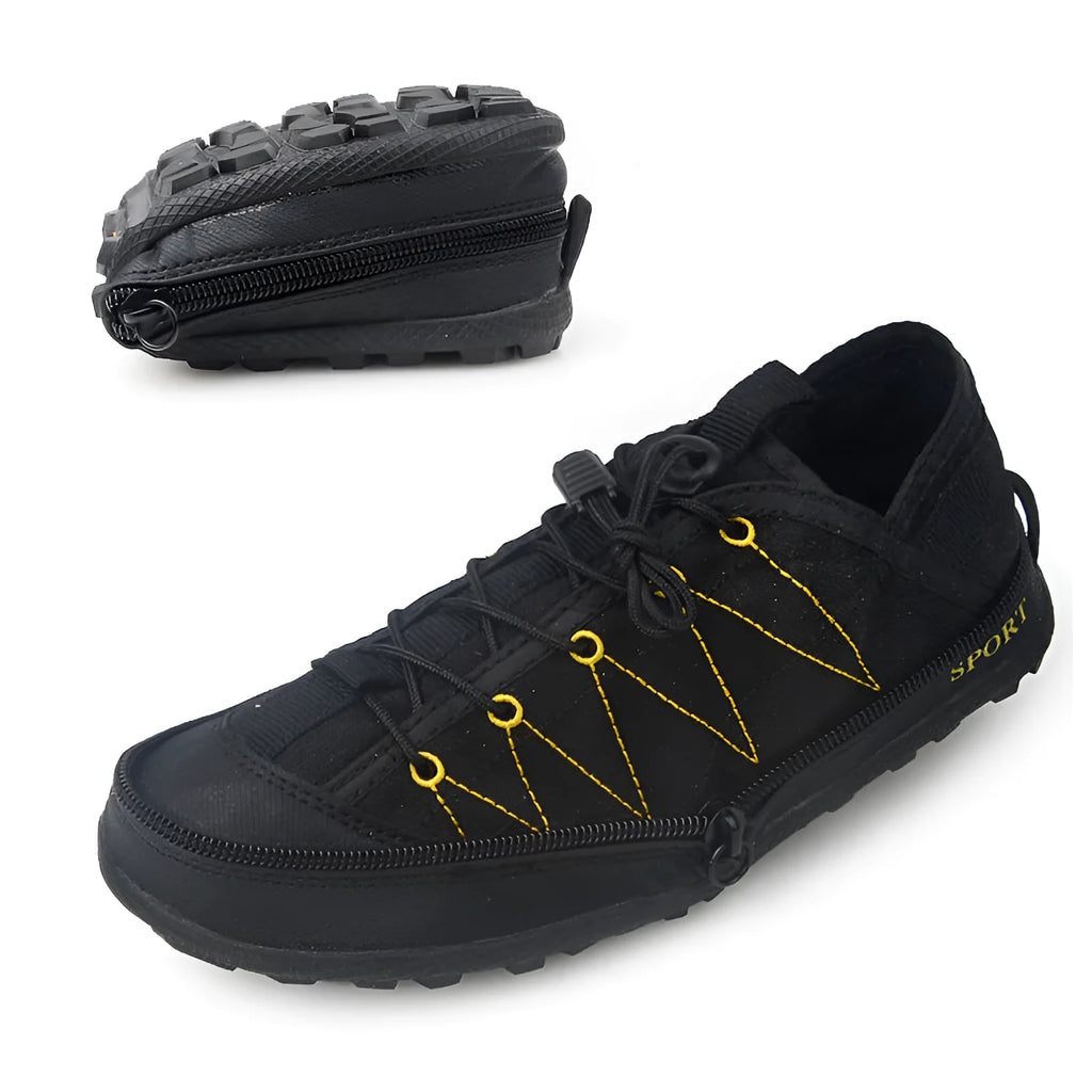 Portable folding outdoor shoes with mesh upper and side zipper in orange colour