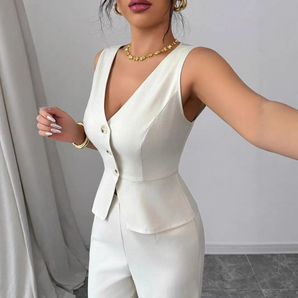 Women's casual two-piece set with sleeveless vest and high-waist trousers in solid colours