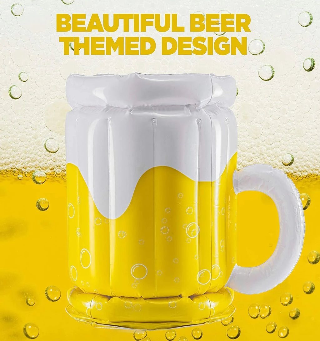 Yellow PVC inflatable beer mug shaped pool float cooler with drink holders