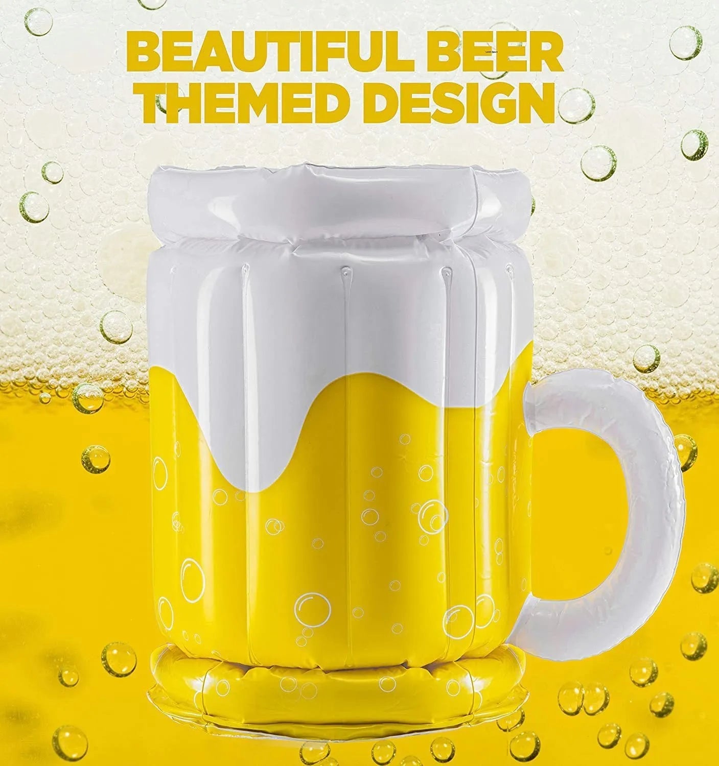 Yellow PVC inflatable beer mug shaped pool float cooler with drink holders