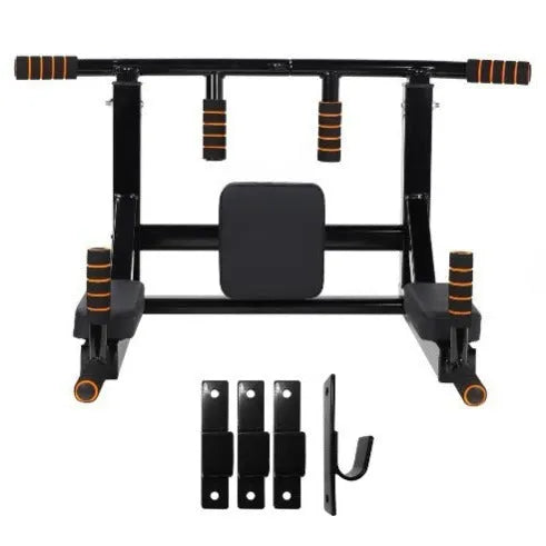 Black wall-mounted steel fitness equipment with parallel bars and sandbag rack attachments for home gym training