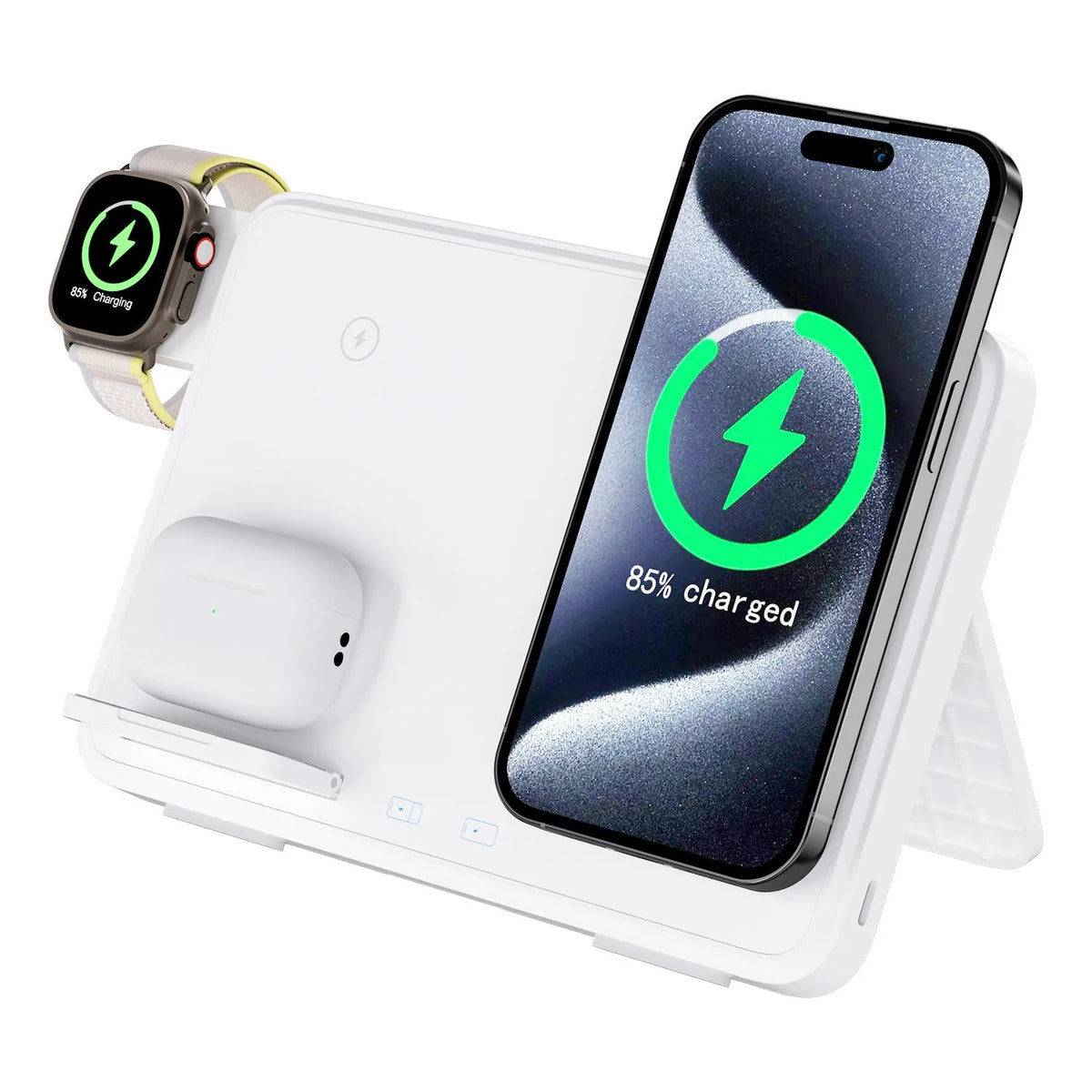 15W three-in-one wireless charger in Black or Ivory White, 184 x 21.5 x 130 mm, for Apple and Samsung devices
