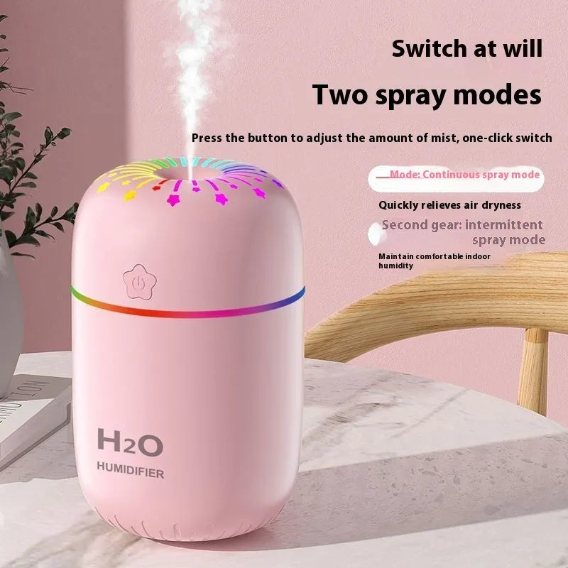 White USB mini humidifier with 300ml water tank on desk beside laptop