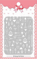 Black butterfly nail stickers with white flower and gold accents on a white background, showing six style options A to F