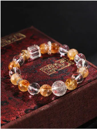 Women's handmade beaded bracelet with Huang Tajing white crystal, freshwater pearls, and yellow tower crystals