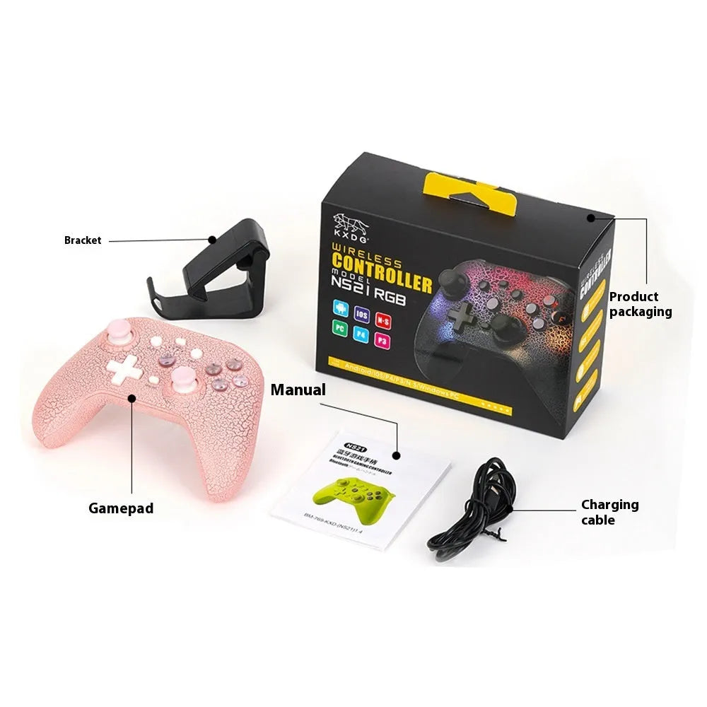 NS21 RGB lamp effect gamepad with Type-C interface, ABS body, 18.2 x 7 x 14 cm, shown in black, pink, and white