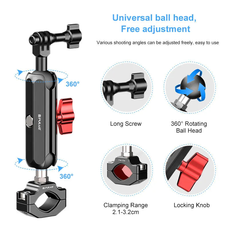 CNC aluminium alloy motorcycle and bicycle camera bracket with five clamp options including pipe clamps and rearview mirror bracket