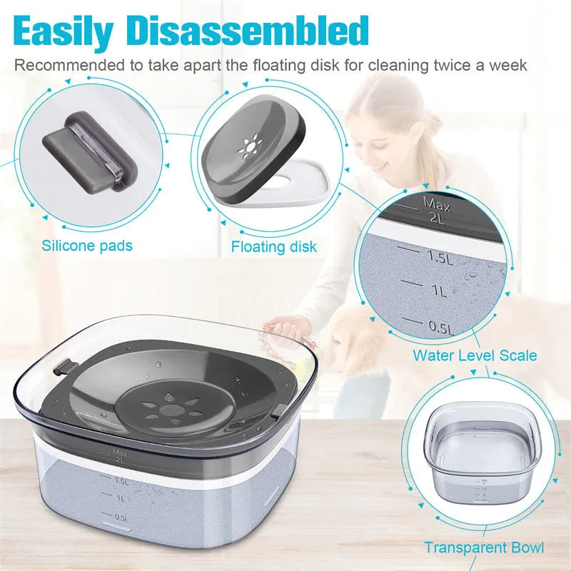 Transparent large dog water bowl with floating disc showing visible water level