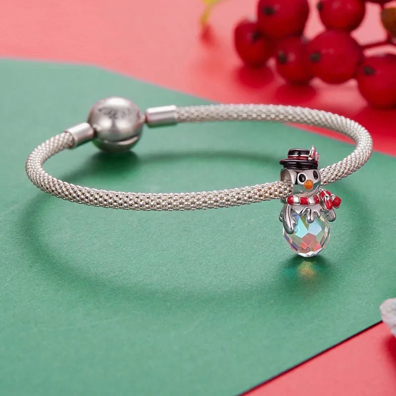 Christmas snowman S925 sterling silver bead with snowflake design on white background