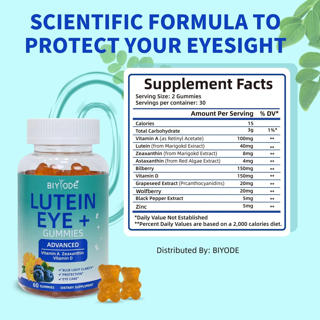 Bottle of lutein gummies eye health supplement, 60 count, with bilberry grapeseed and wolfberry