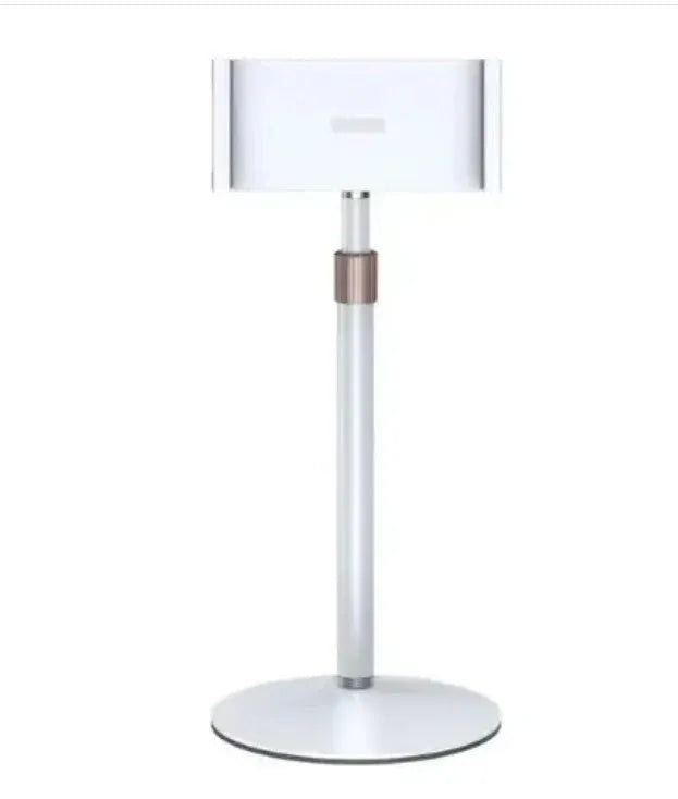 Black adjustable metal tablet bracket extended, holding an 11-inch tablet at an angle.