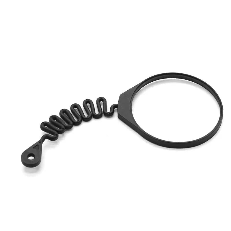 Black rubber fuel cap anti-lost tether for Volvo vehicles showing circle band and separate rope attachment styles
