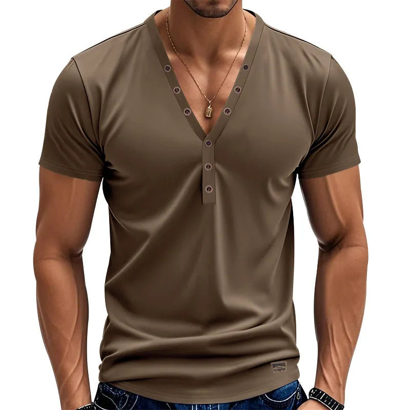 Men's loose fit solid colour V-neck pullover top with button detail on the front.
