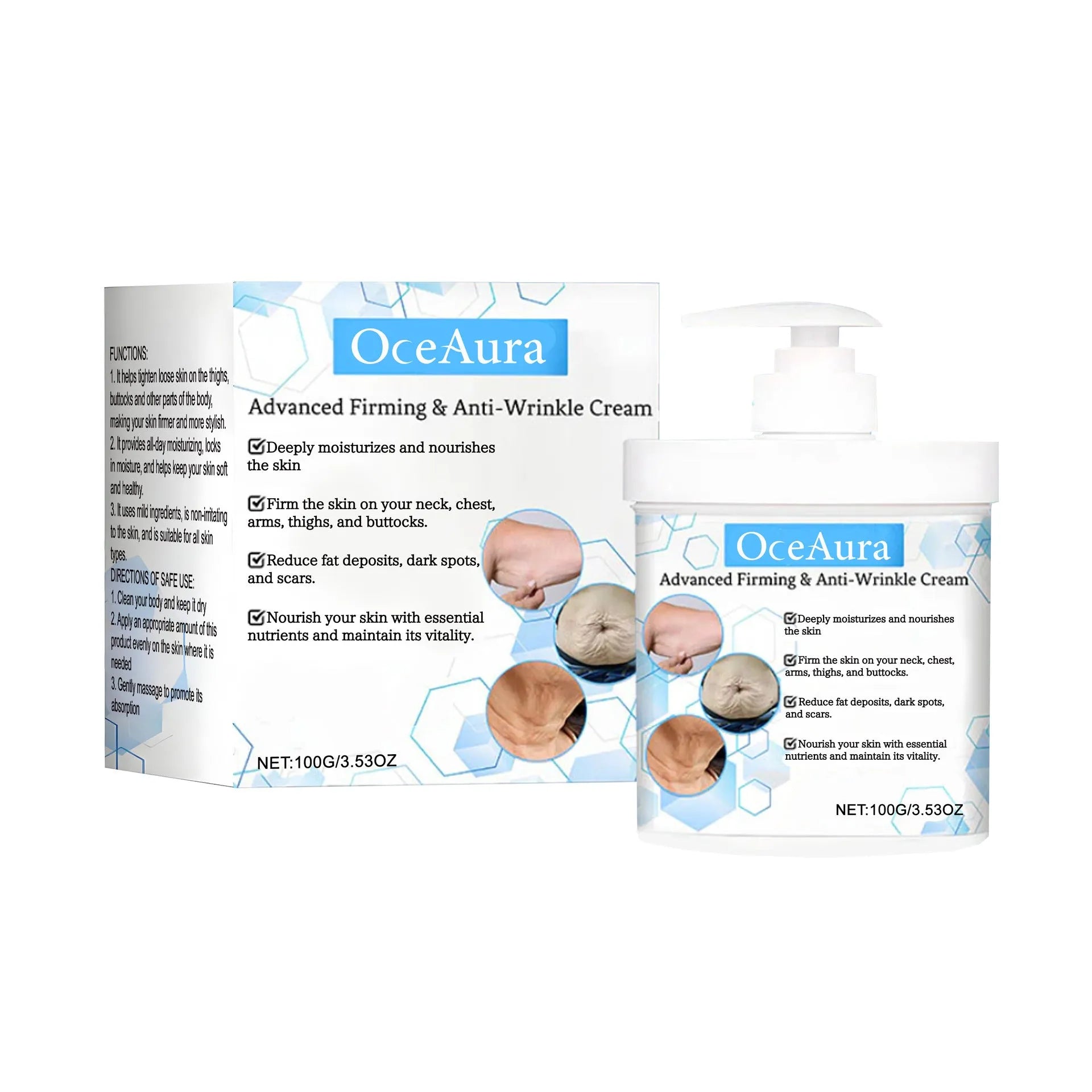 100g container of body moisturiser cream with glycerin and hyaluronic acid formula