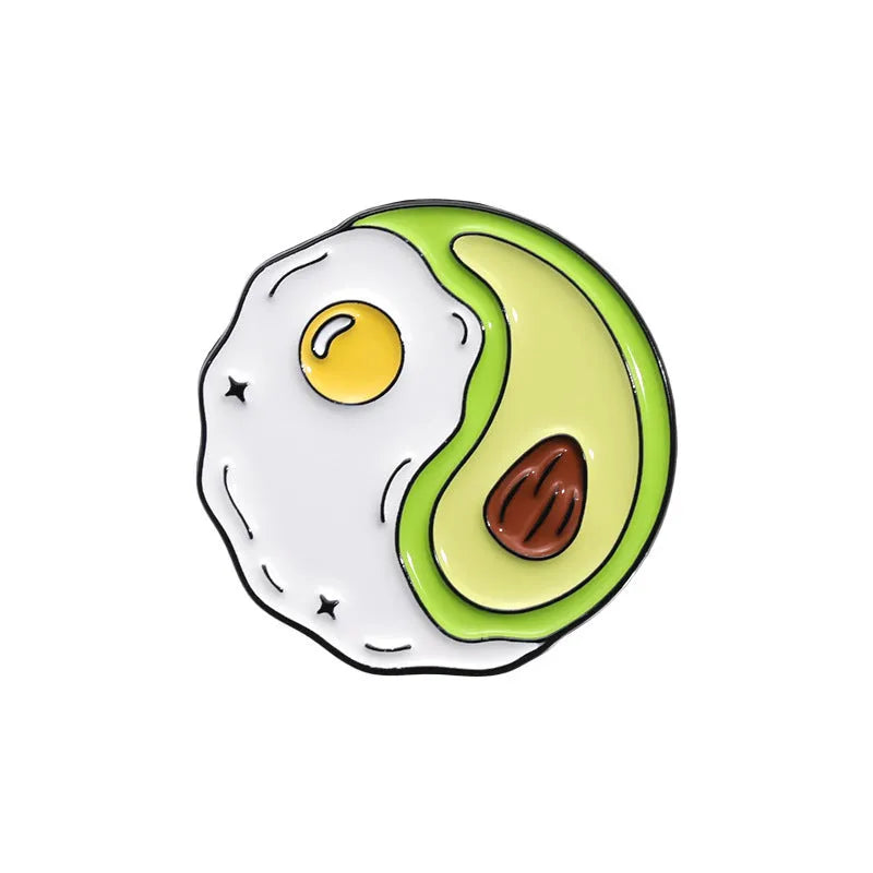 Close-up of a colourful cartoon fruit and letter design zinc alloy brooch pin.