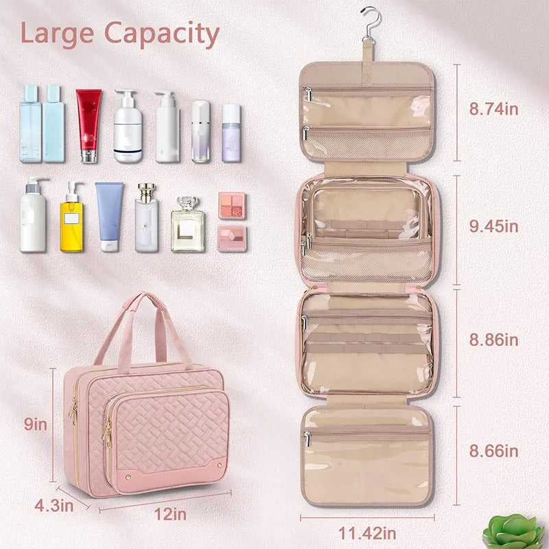 Waterproof polyester hanging cosmetic bag with internal compartments in pink colour