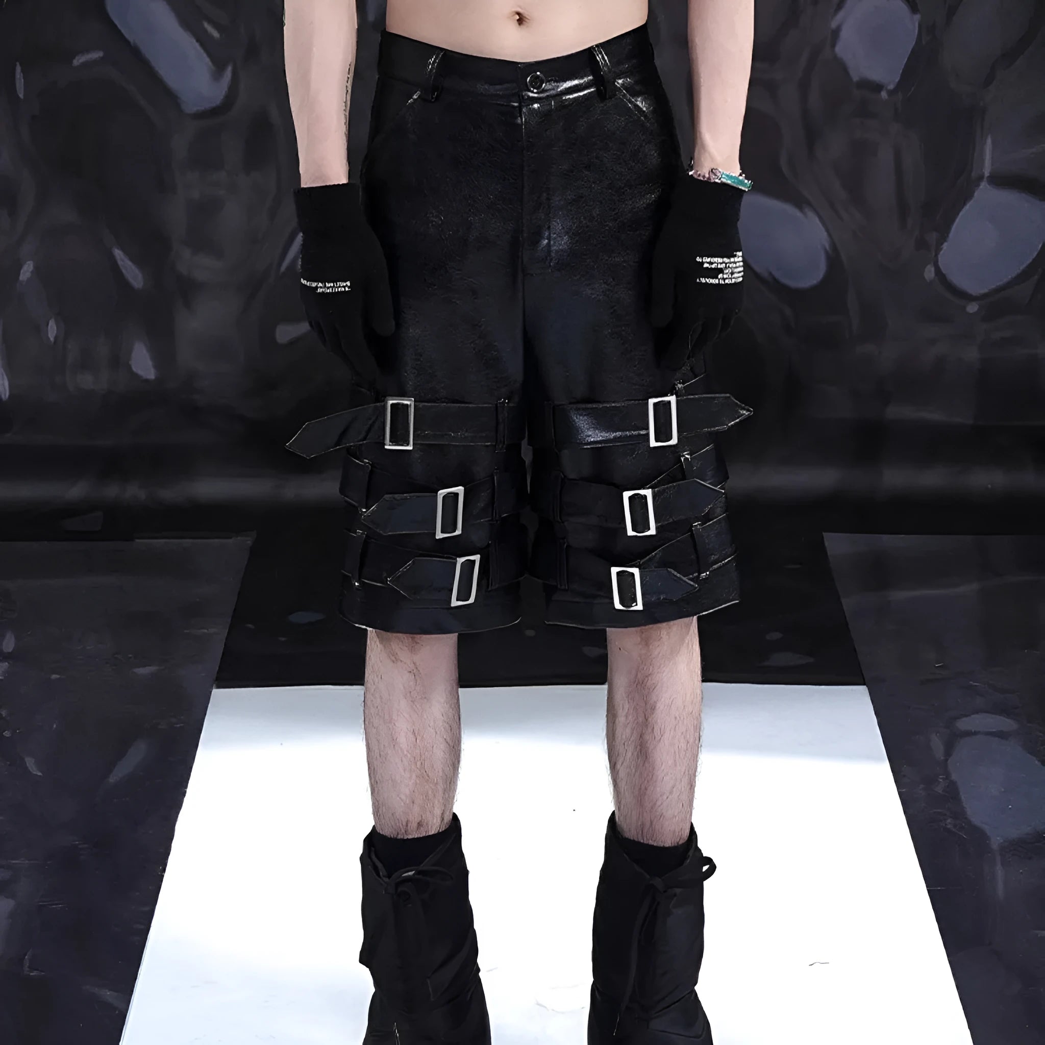 Men's black casual cropped shorts with a prominent leather ring detail on the front.
