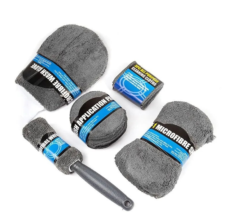 9-piece grey car cleaning set with microfiber towels, waxing wipes, sponge, gloves and tyre brush