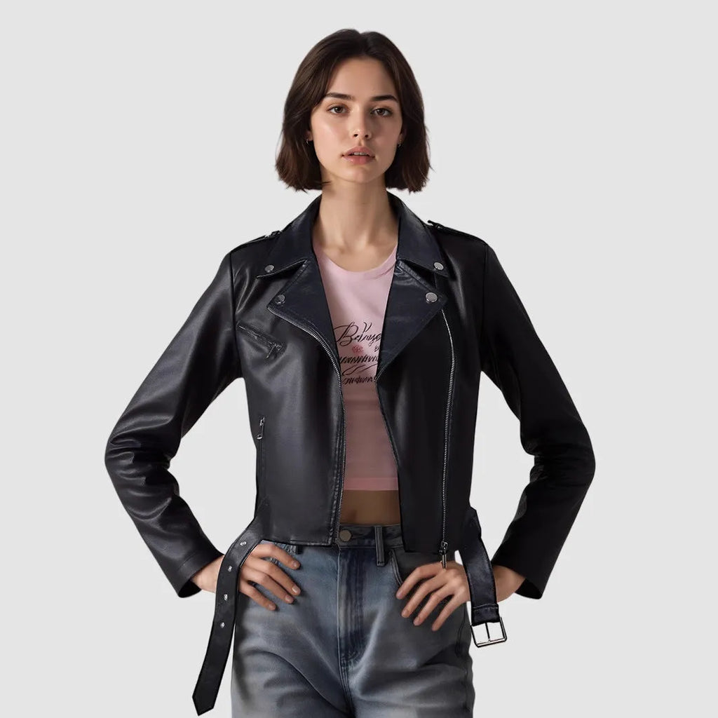 Red women's PU leather motorcycle jacket with lapel collar and front belt on a hanger.