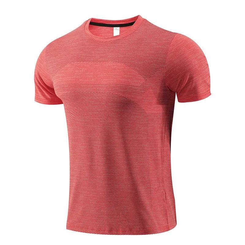 Man's short-sleeved red running T-shirt made from polyester spandex fabric for sports.
