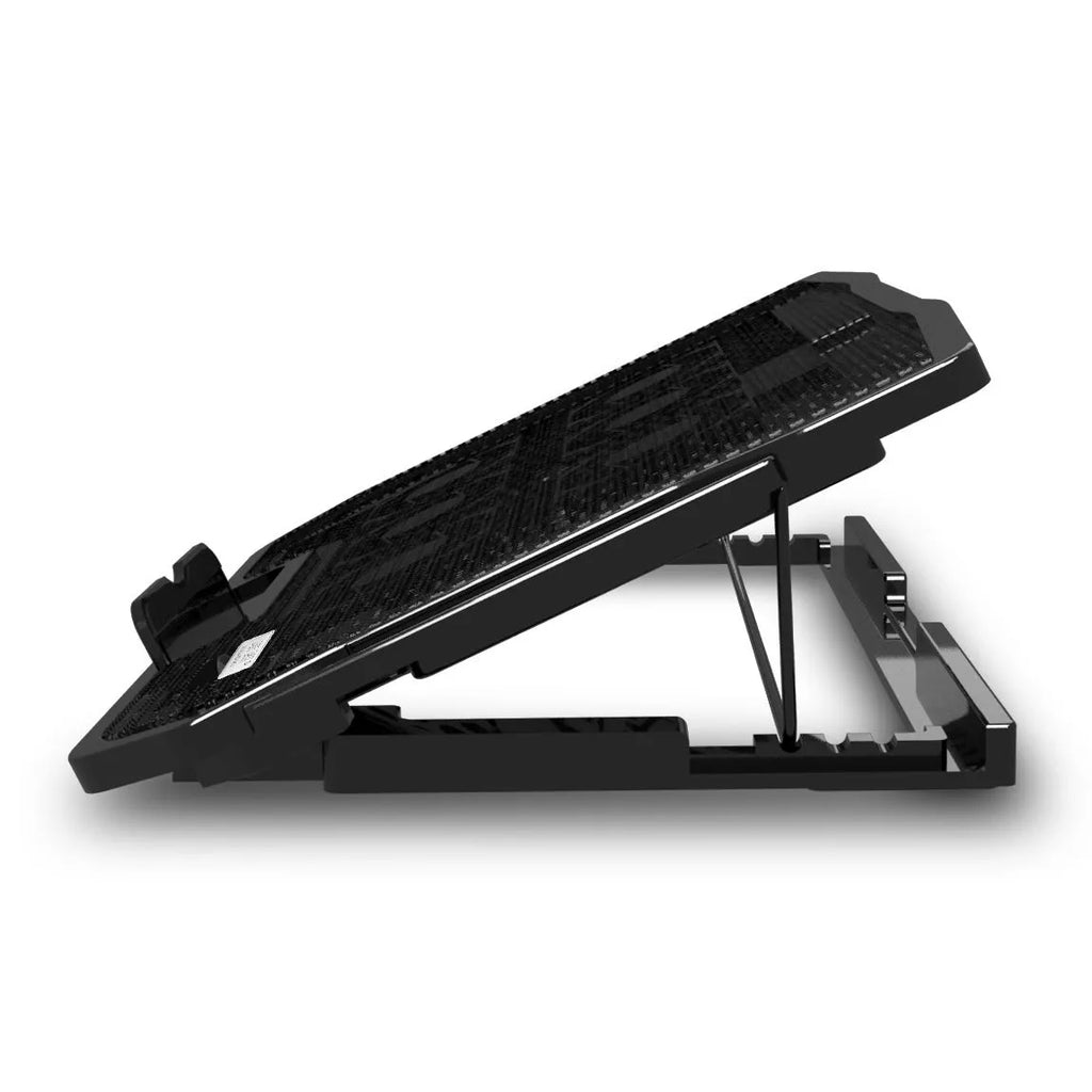 Black computer base fan cooling rack with six fans, metal mesh surface and five height gears, 370x255x27mm