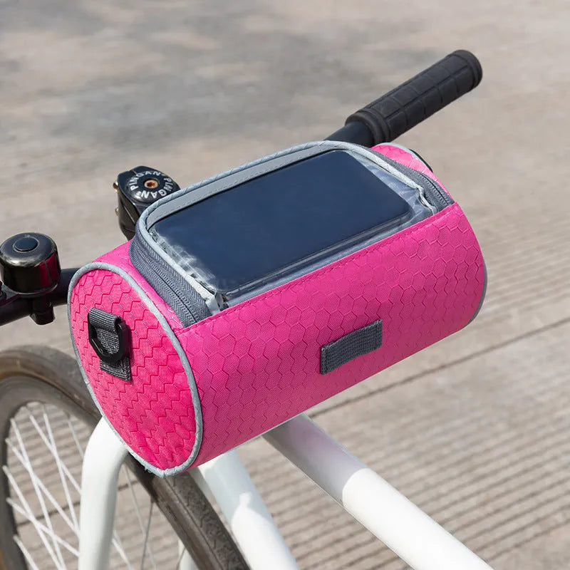 Water repellent polyester bicycle front bag, 3L, L12 x H12 x W22cm, fits 6.1 inch phones, five colours.