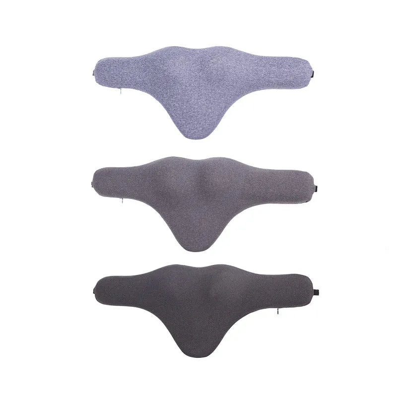 Dark grey memory foam car headrest pillow shown on car seat, measuring 67x10x27.5 cm.