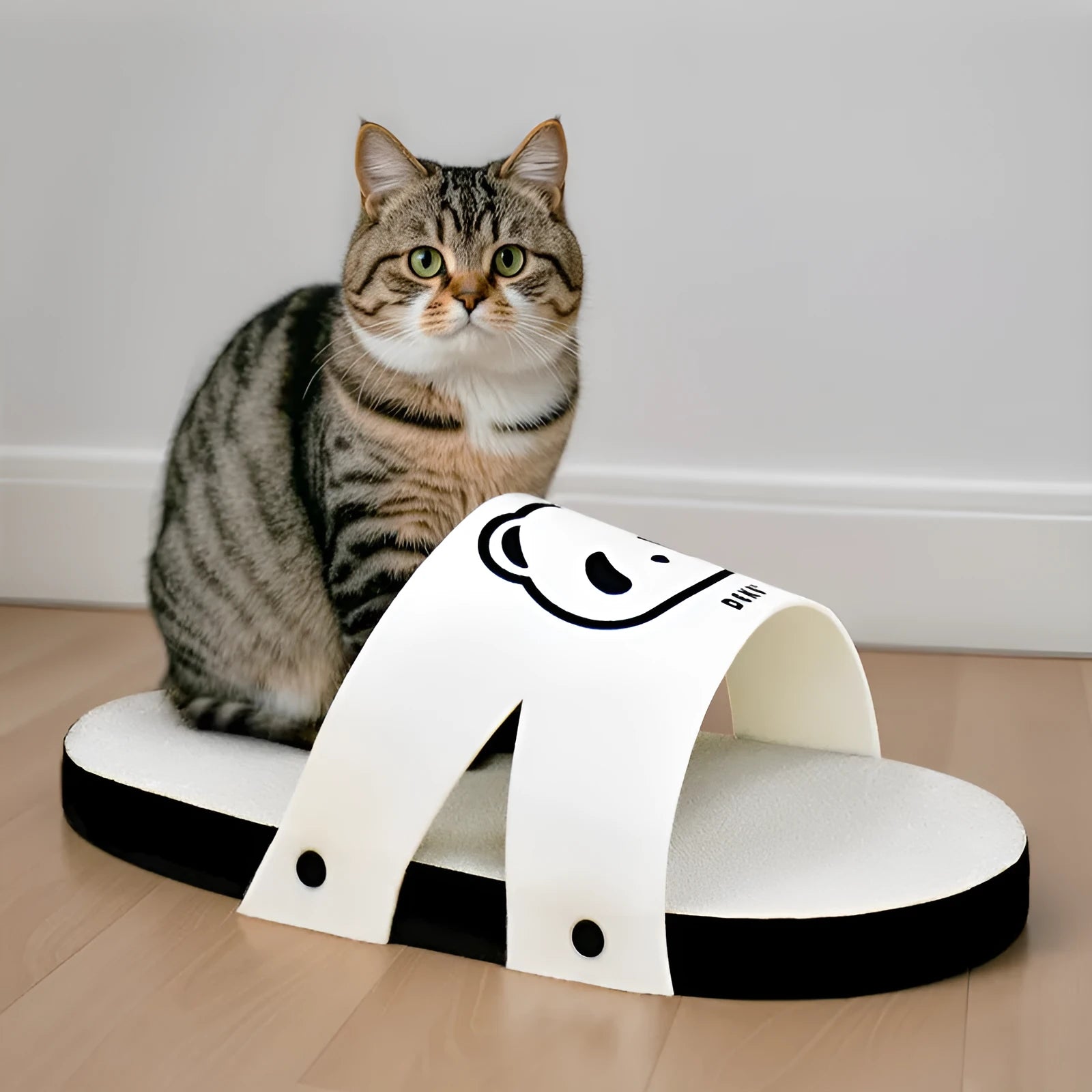 White slipper-shaped corrugated cardboard cat scratch board.