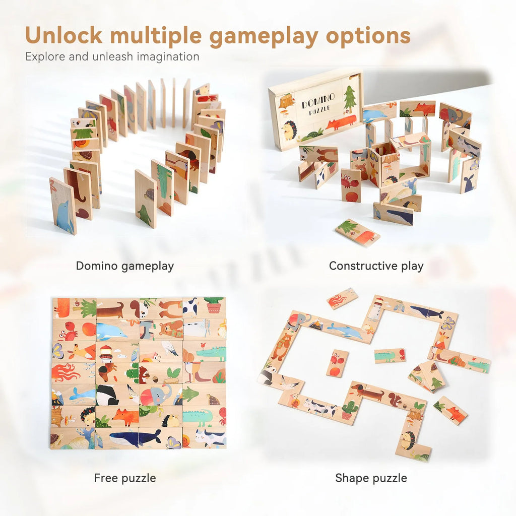 Wooden children's animal domino puzzle tiles with colourful illustrations, size 22.2 x 14.5 x 3.6 cm
