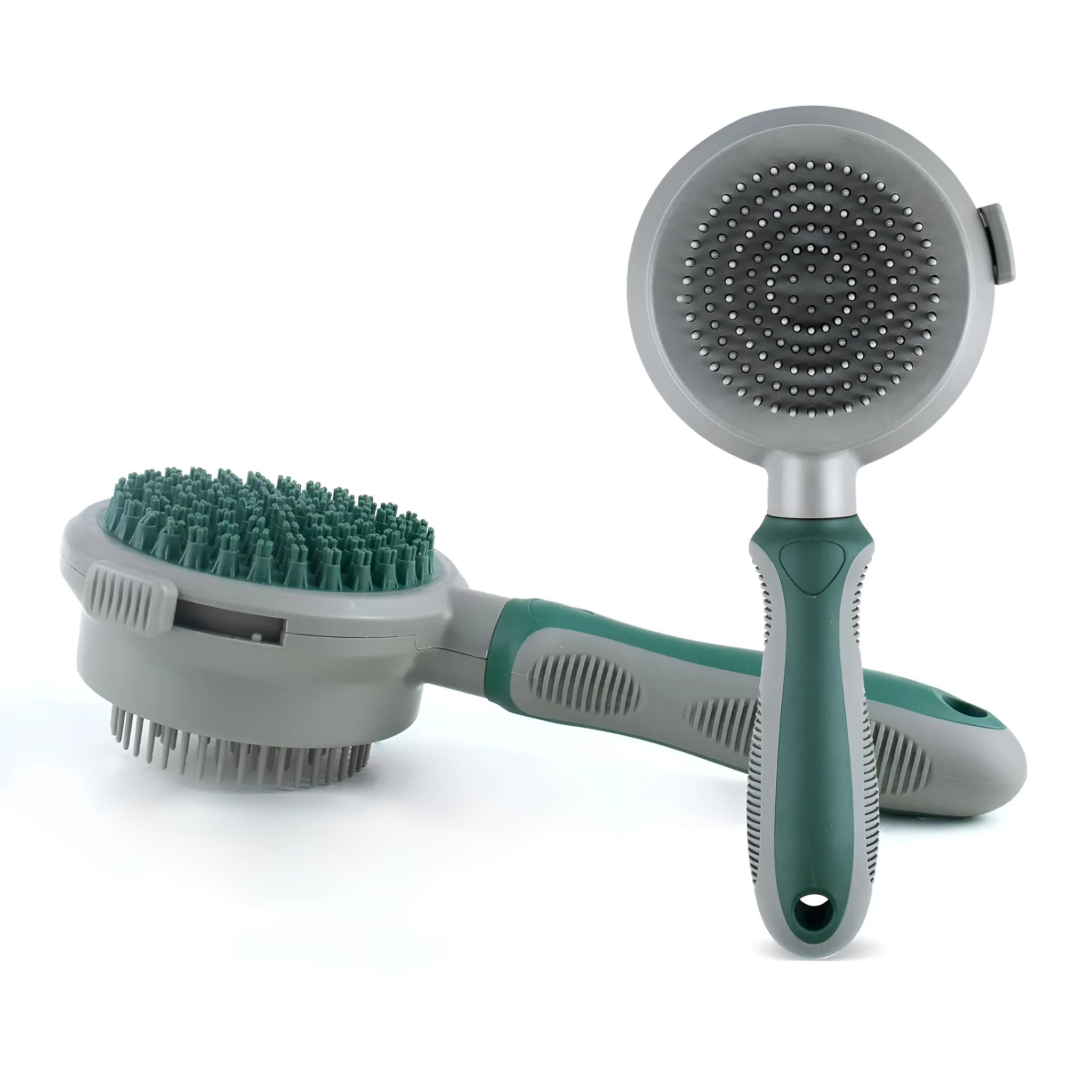 Green and pink 2-in-1 silicone cat hair brush with retractable slicker brush and massaging head.