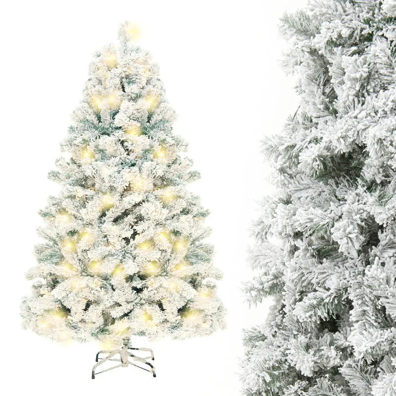 PVC artificial snow Christmas tree with green and white decoration on metal stand