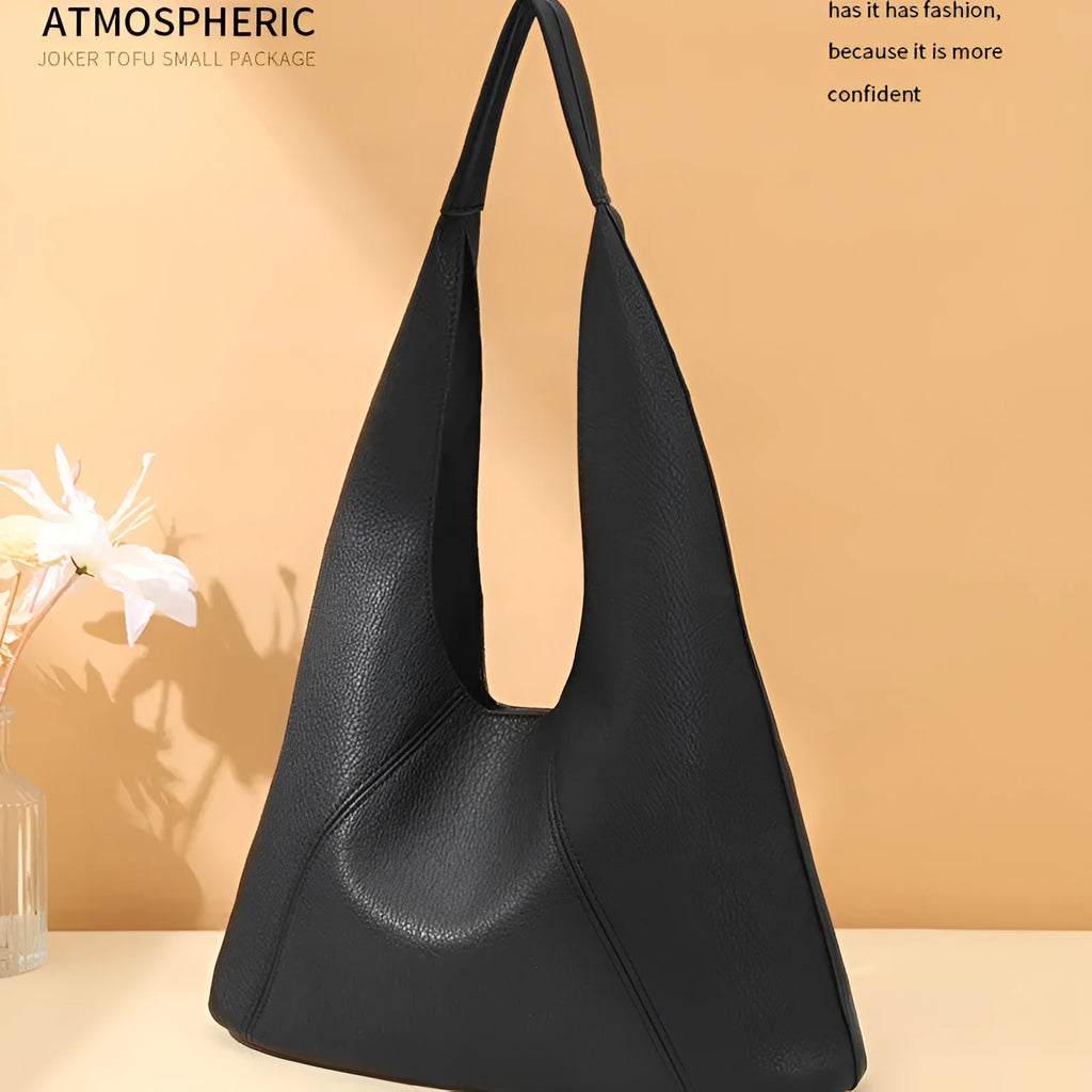 Large capacity PU tote bucket bag in brown, vertical square shape 34x10x43cm, with contrast stitching and sandwich pocket