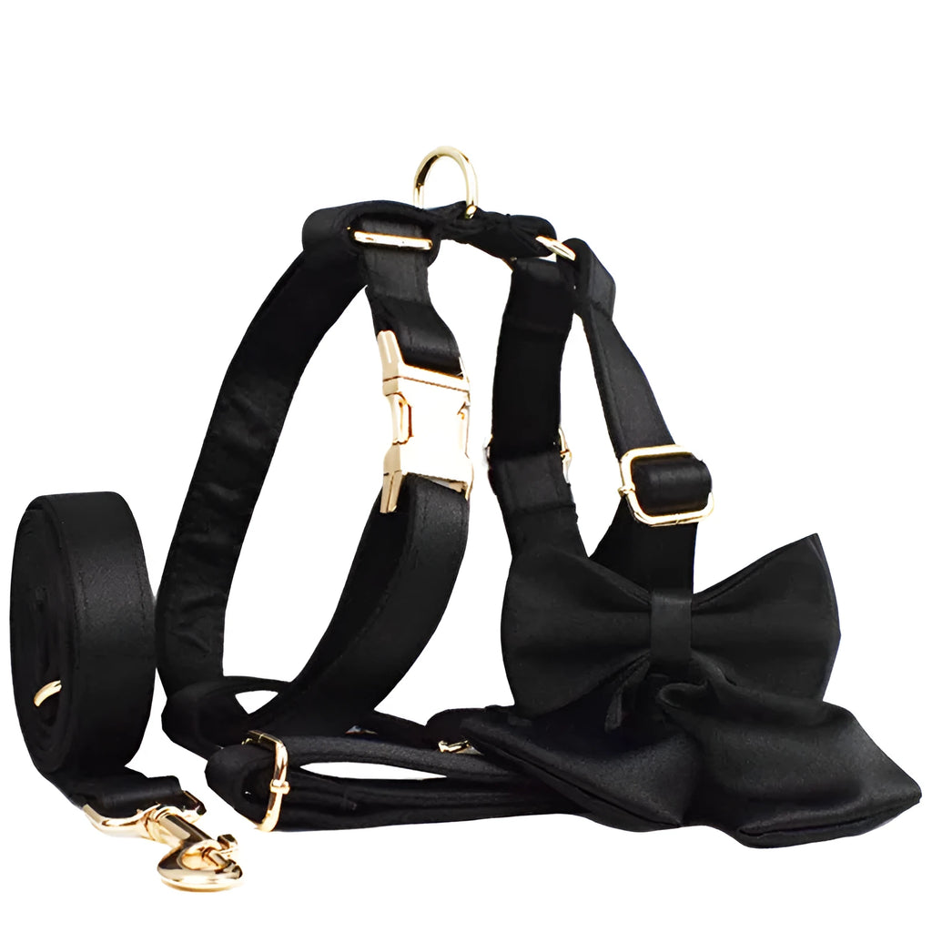 Cloth dog collar and lead set with chest strap harness, bow, and vest in assorted sizes
