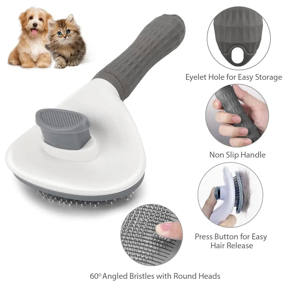 Blue, grey, and pink cat grooming brush with a release button for removing pet hair.