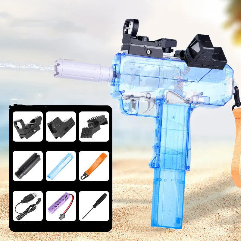 Electric water gun toy with transparent design showing internal components and water level