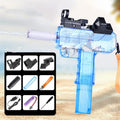 Electric water gun toy with transparent design showing internal components and water level