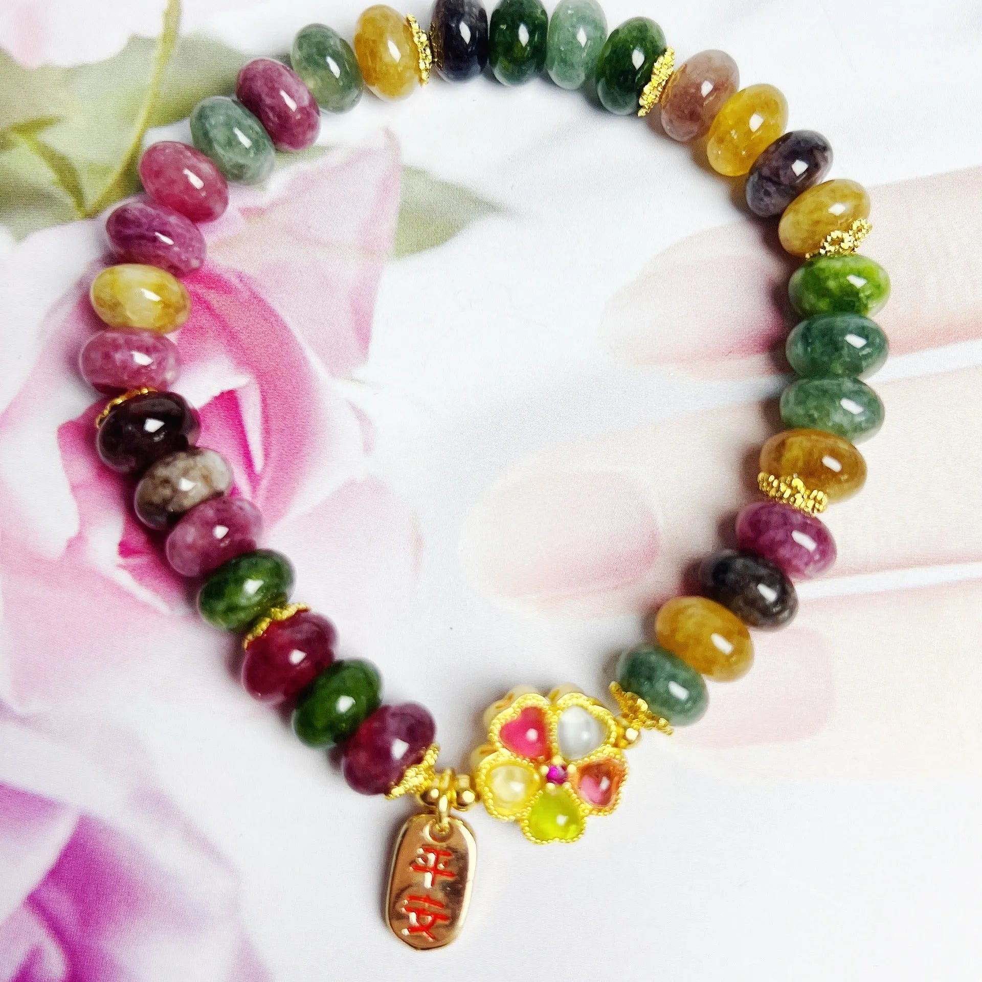 Colourful tourmaline-style artificial crystal abacus bead bracelet for women with manual processing