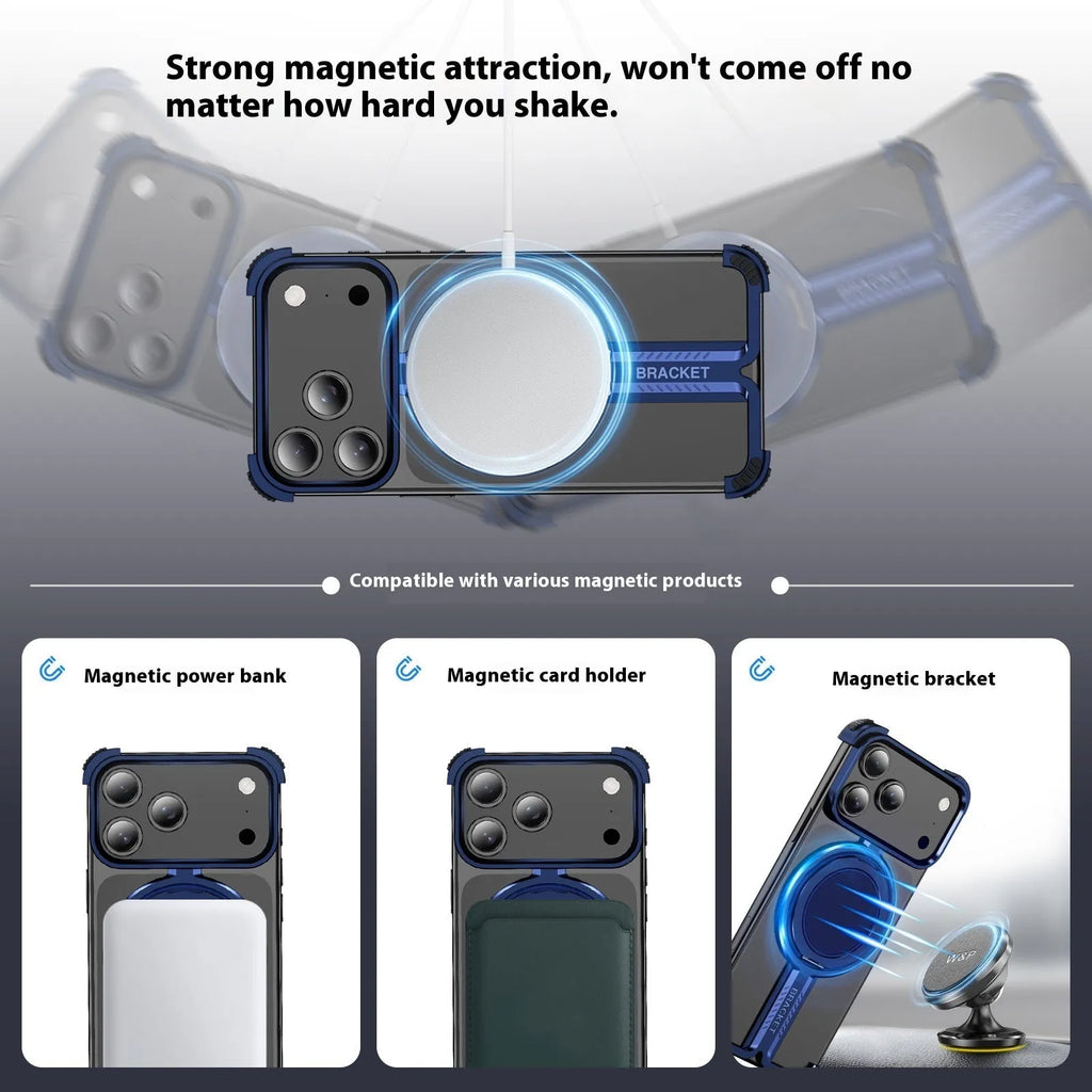 Titanium alloy bone sensing bracket frameless phone case for iPhone 17 series in black, sapphire blue, orange, and grey.