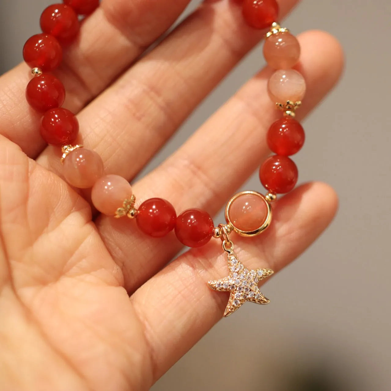 Handmade women's bracelet with red agate and sands orange sunstone 8mm beads in ethnic style