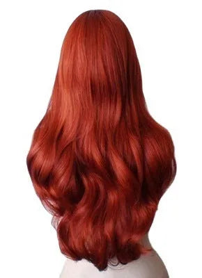 Women's copper red anime long curly wig with 26 inch length on a mannequin head