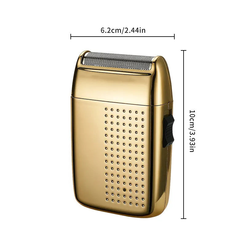 Compact reciprocating travel electric shaver in gold or tarnish, rechargeable with 60 minute battery and removable cutter head