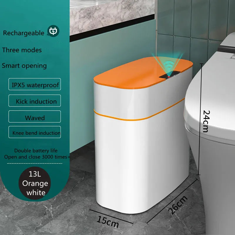 White induction smart trash can with automatic lid on a kitchen floor.