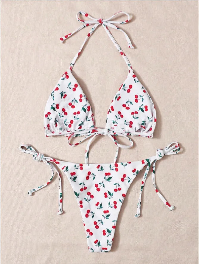 Women's split halter bikini swimsuit in solid colour with adjustable ties