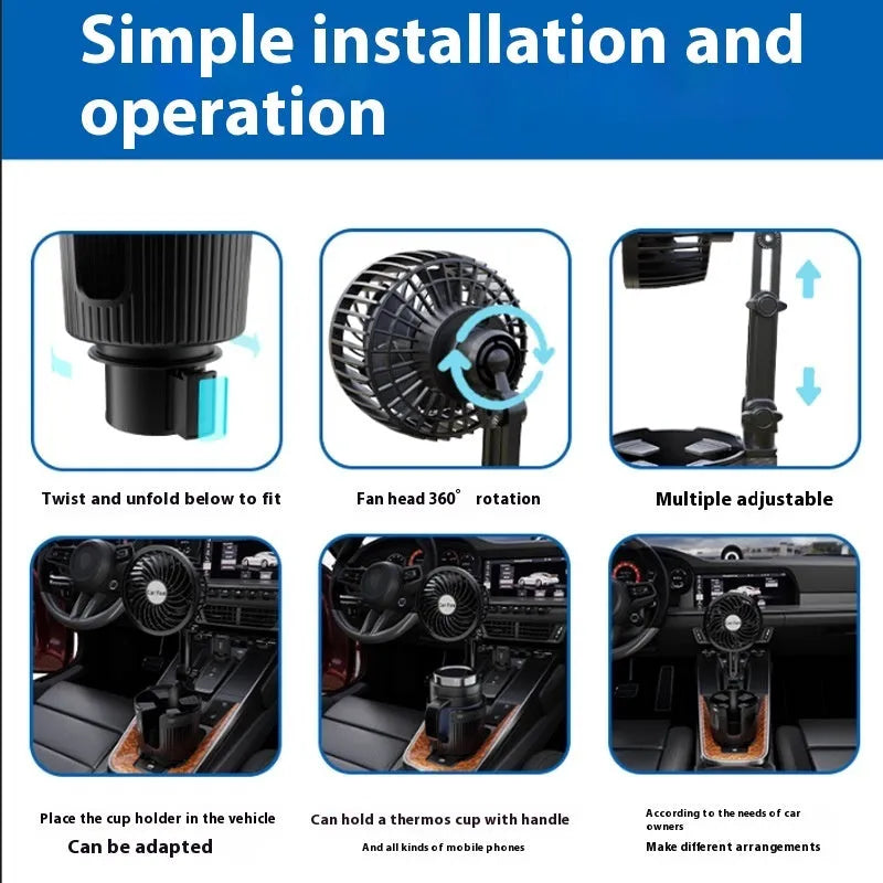 ABS plastic car cup holder fan showing 4-inch and 6-inch size options for 12V, 24V, or USB power.