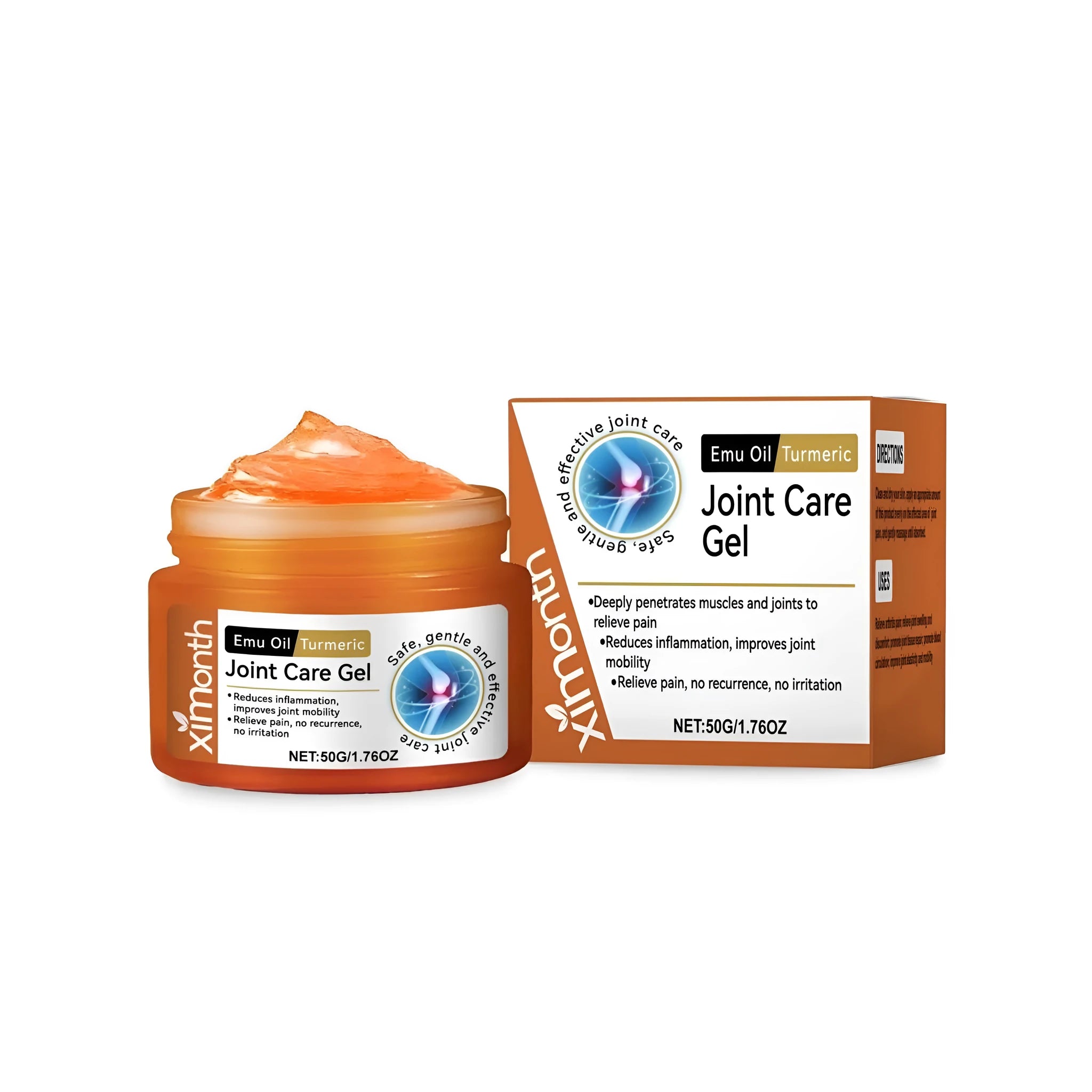 50g tube of turmeric and emu oil joint pain relief gel on a plain background.
