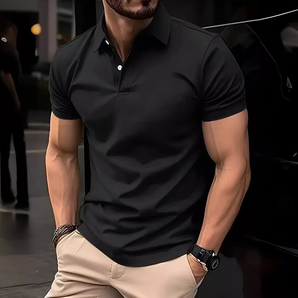 Men's solid colour slim fit short sleeve shirt on a hanger, showing the collar and button placket.