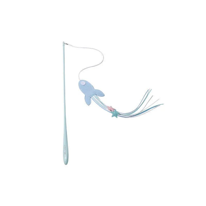 Blue long pole cat teaser toy with feather attachments and an inflated ego design element.
