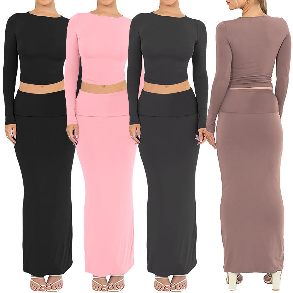 Women's pure colour slim fit two-piece suit with long skirt and three-quarter sleeve top for autumn.
