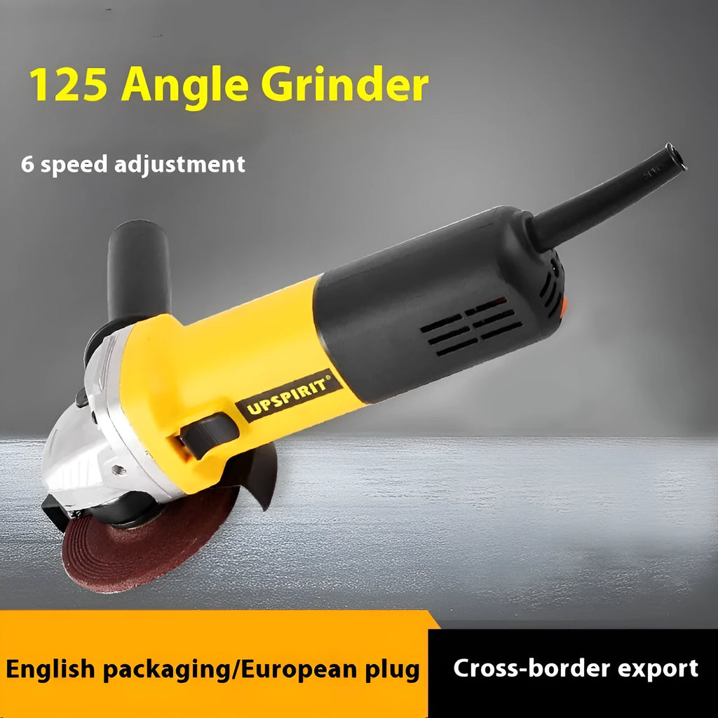 125mm household angle grinder with 1050W motor, 11000 RPM cut-in speed, and 14mm spindle for cutting and polishing.