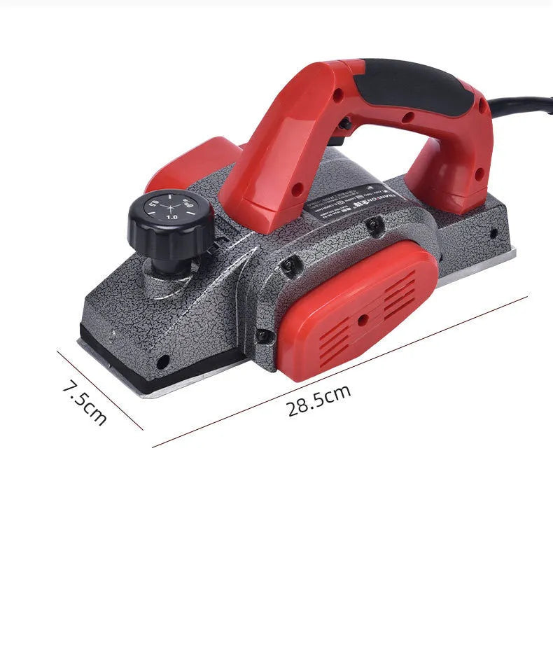 Red aluminium shell electric wood planer tool with 82mm planing width for carpentry work